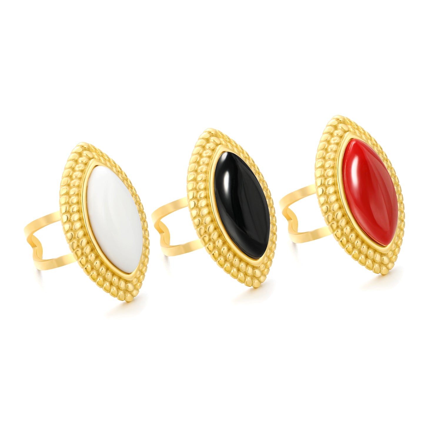 29mm Gold Open Ring with Red/Black/White Agate Marquise Stones asonjewelry